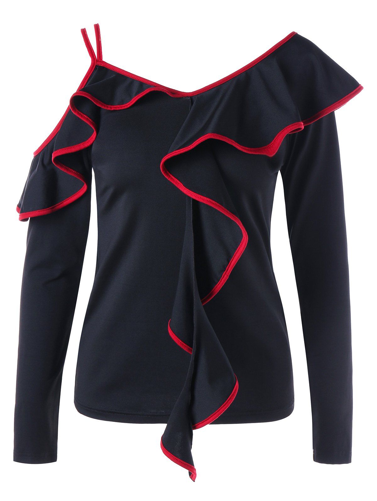 

Flounced Contrast Trim Skew Collar Top, Black