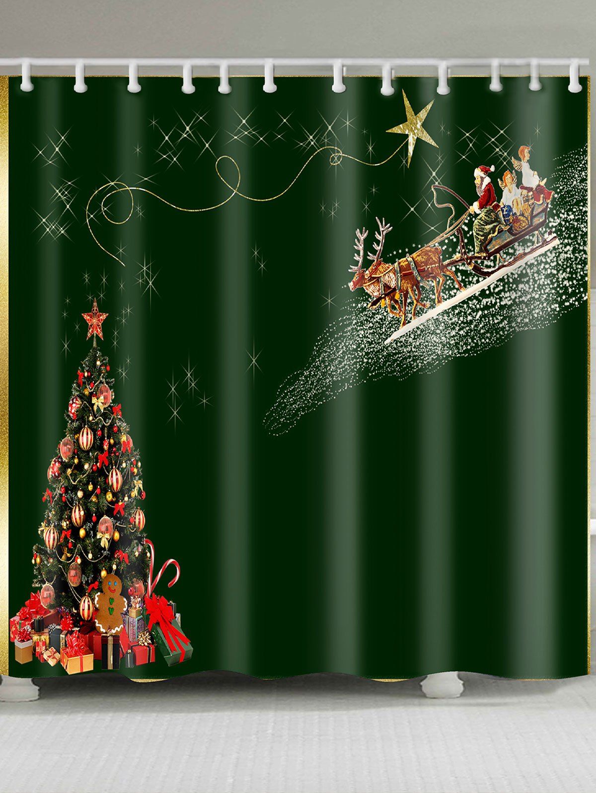 

Christmas Carriage and Tree Pattern Waterproof Shower Curtain, Green
