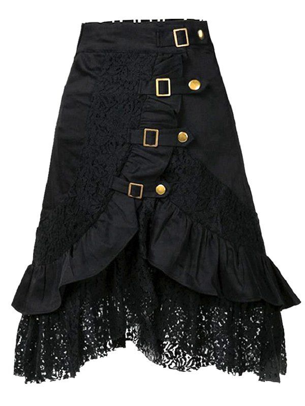 

Asymmetrical Lace Panel High Low Skirt, Black