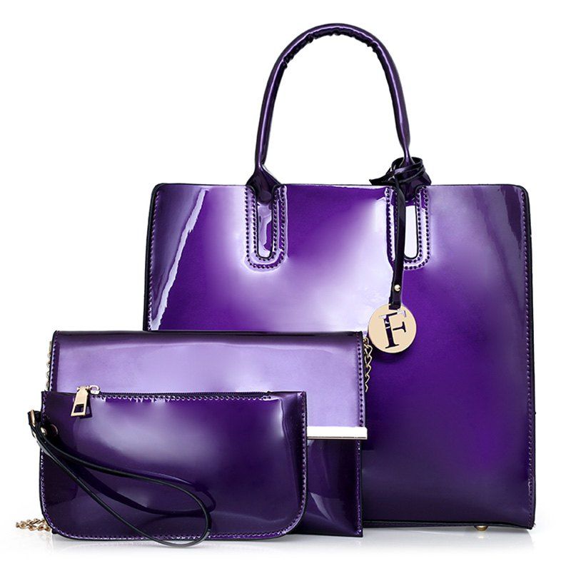 

3 Pieces Patent Leather Handbag Set, Purple