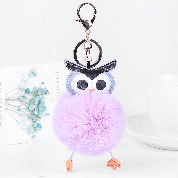 

Faux Leather Fur Ball Owl Keychain, Light purple