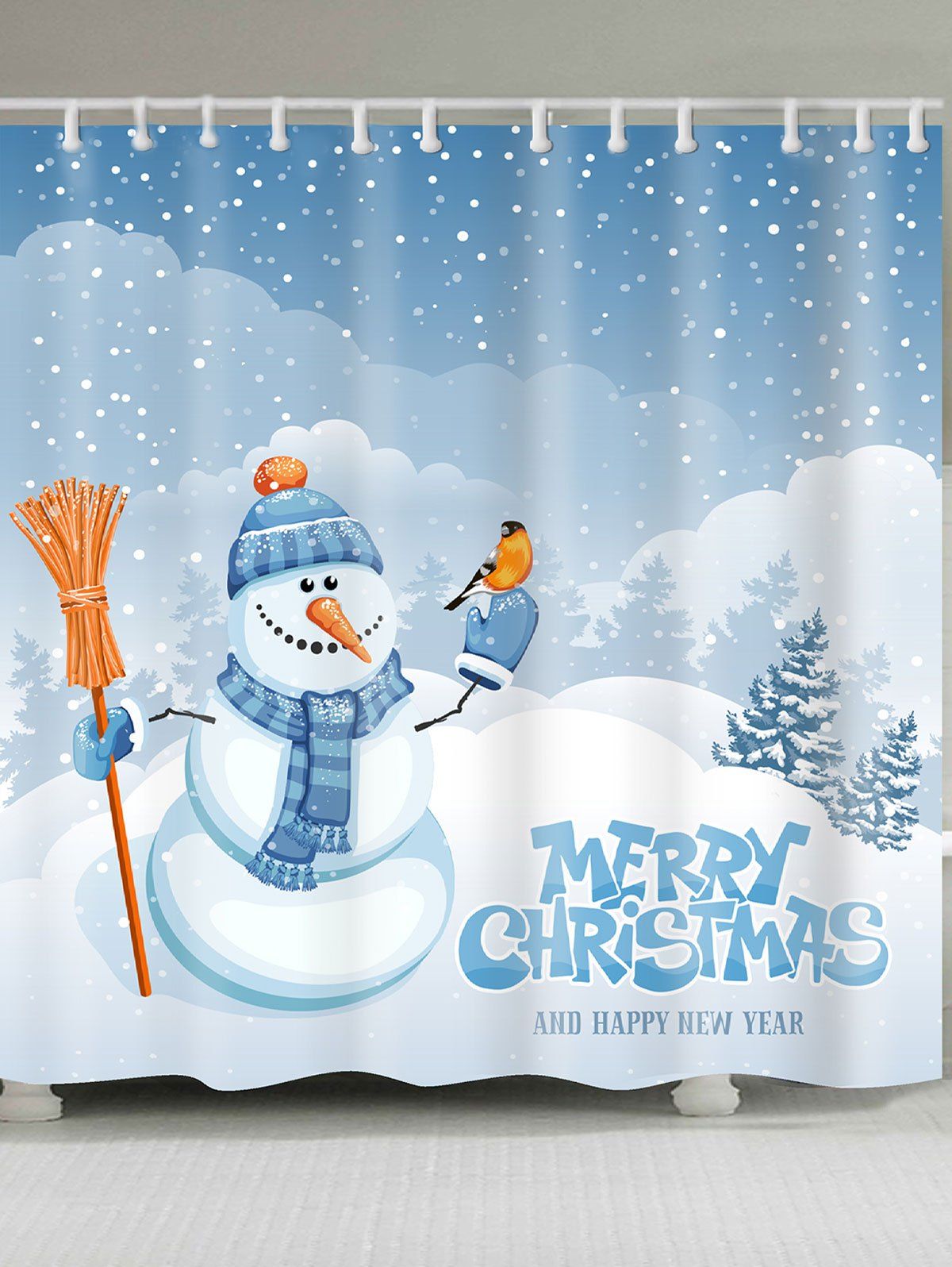 

Snowy Christmas Snowman Pattern Shower Curtain, Blue + white
