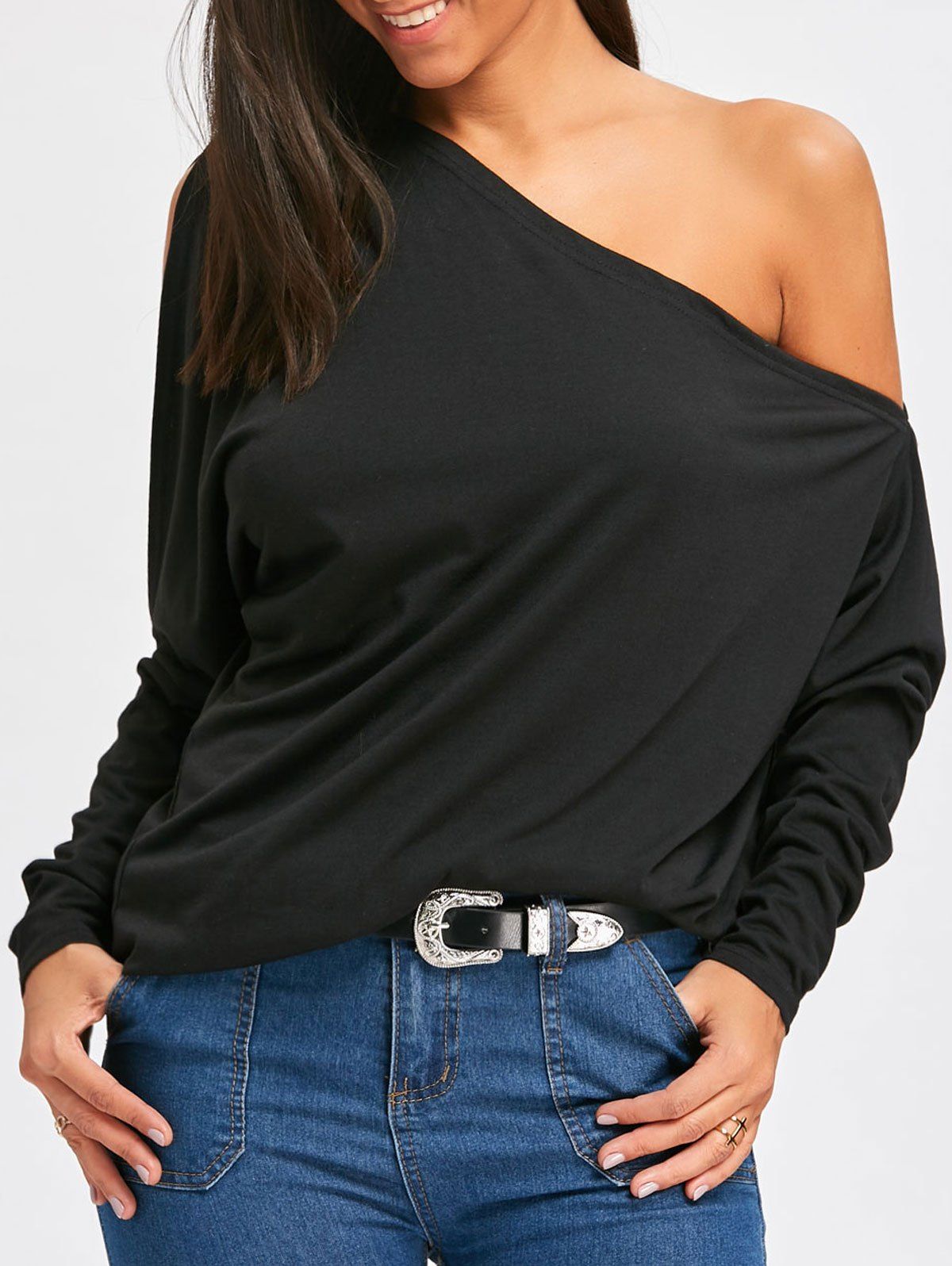 

Cold Shoulder Skew Collar Blouse, Black