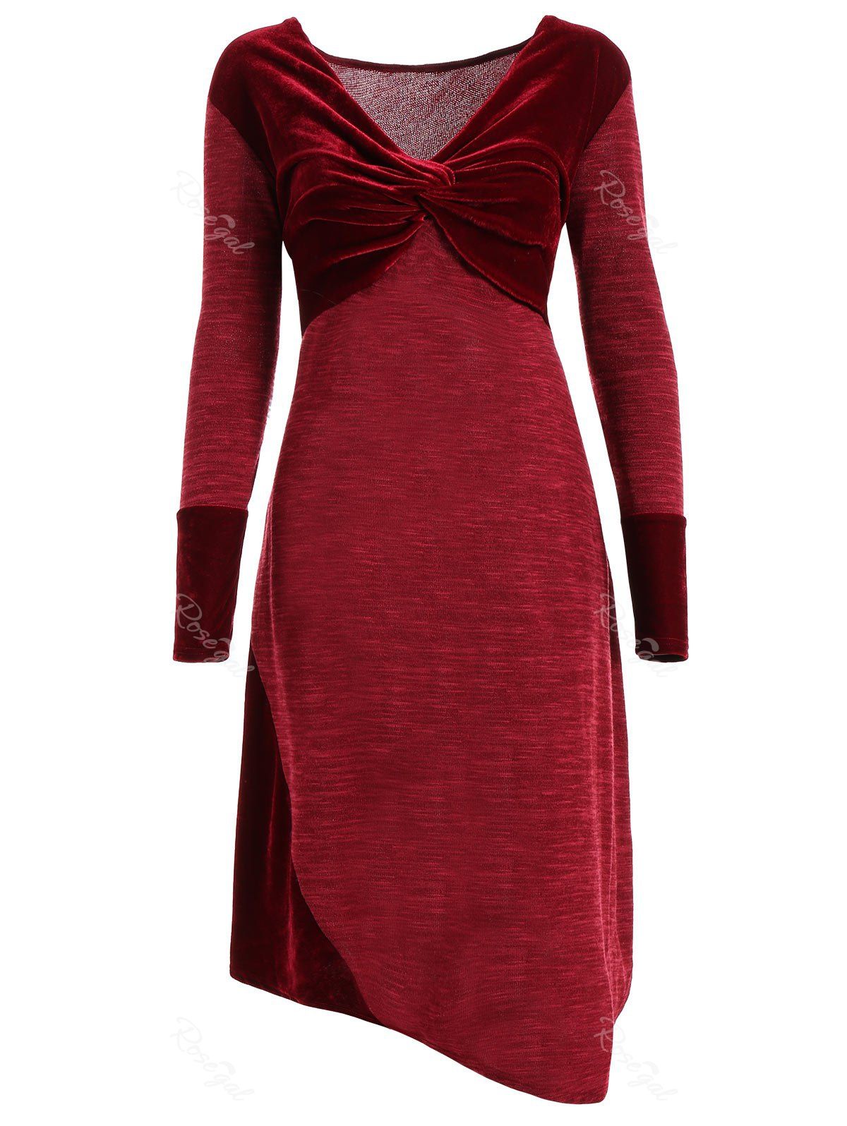 

Christmas Party Plus Size Twist Velvet Panel Dress, Burgundy
