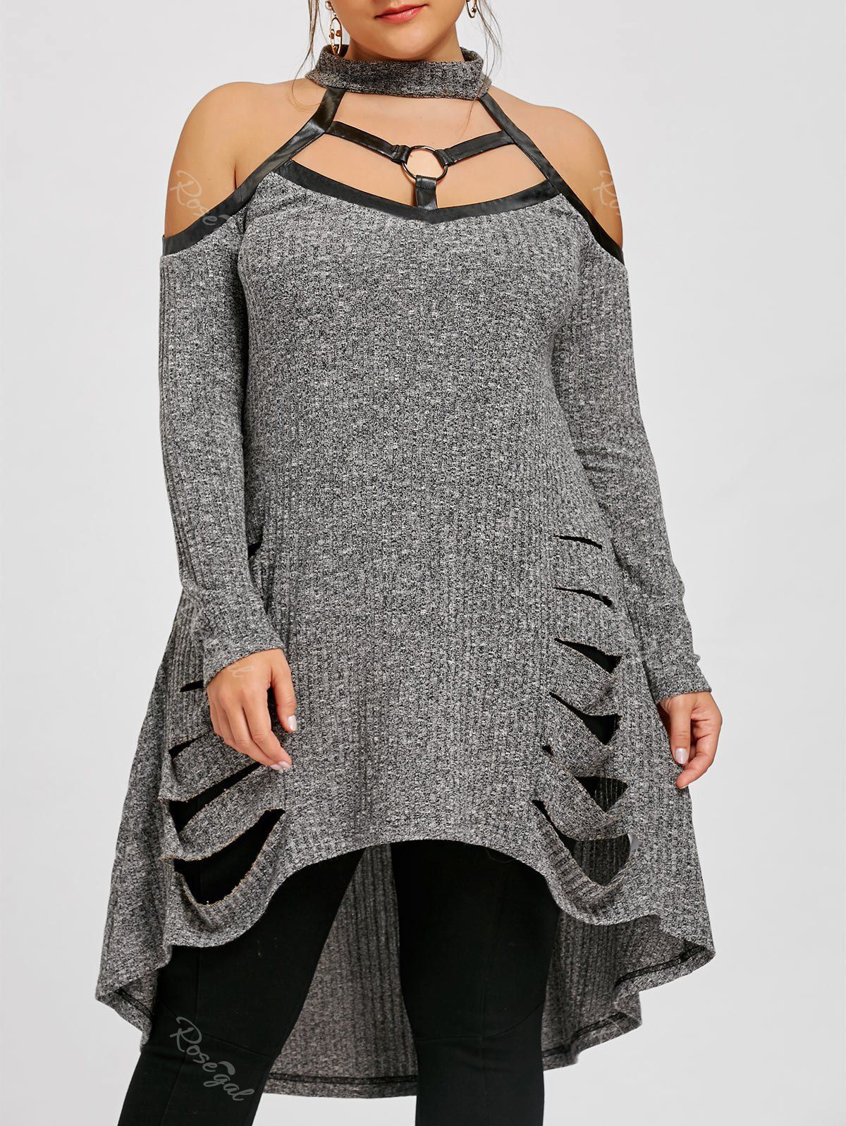  Plus Size Ripped Cold Shoulder Tunic Top