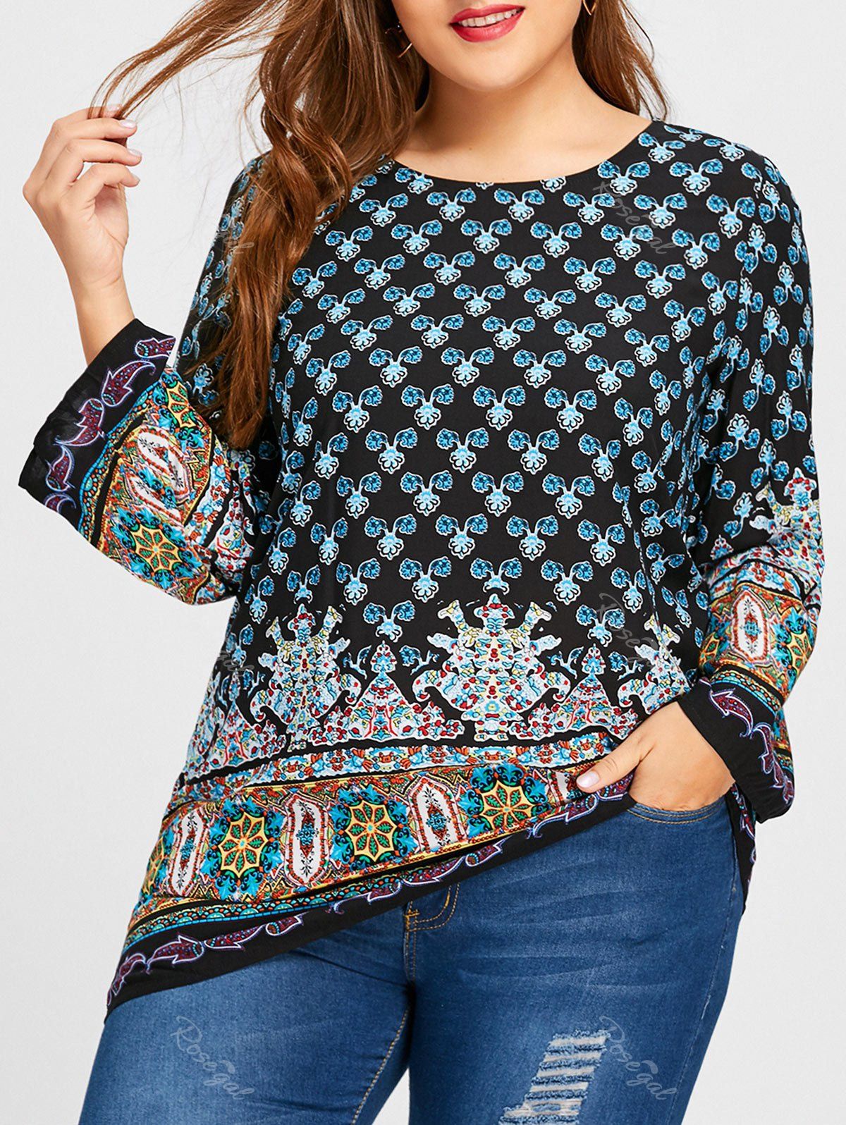 

Ethnic Floral Print Bell Sleeve Plus Size Blouse, Black