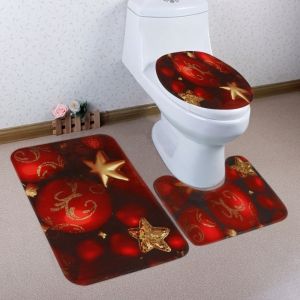 

Christmas Baubles Star Pattern 3 Pcs Bath Mat Toilet Mat, Red