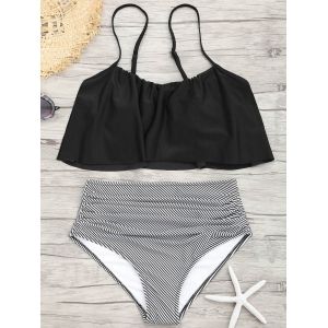 

Spaghetti Strap Flounce Striped Bikini Set, Black