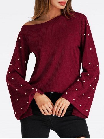 Fashion Bell Sleeve Skew Neck Beaded Ribbed Sweater  