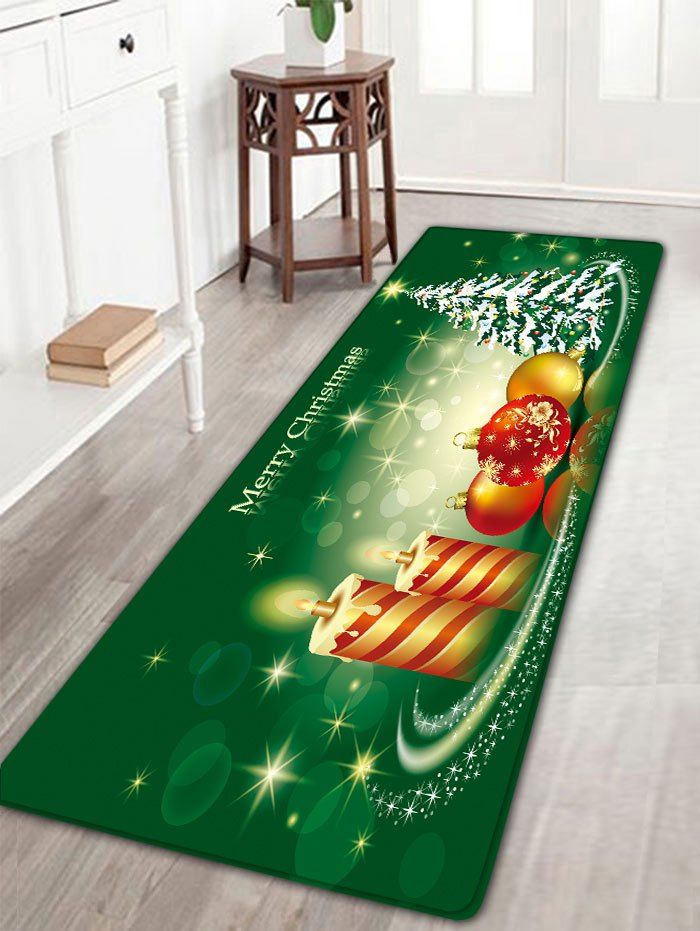 

Christmas Tree Candles Balls Print Flannel Skidproof Bath Mat, Green