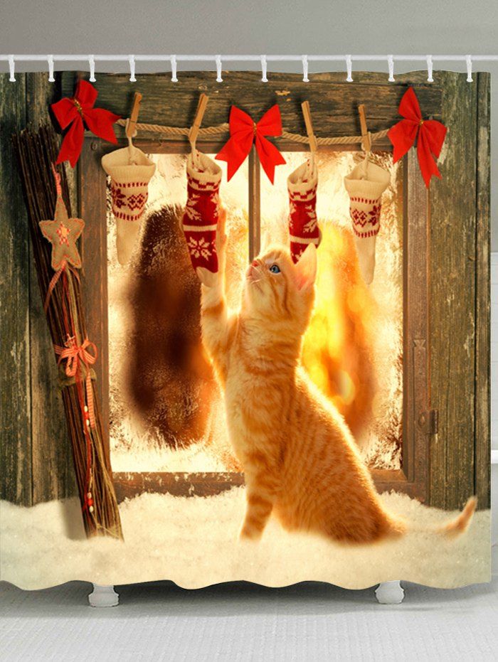 

Christmas Socks Cat Print Waterproof Bathroom Shower Curtain, Colormix