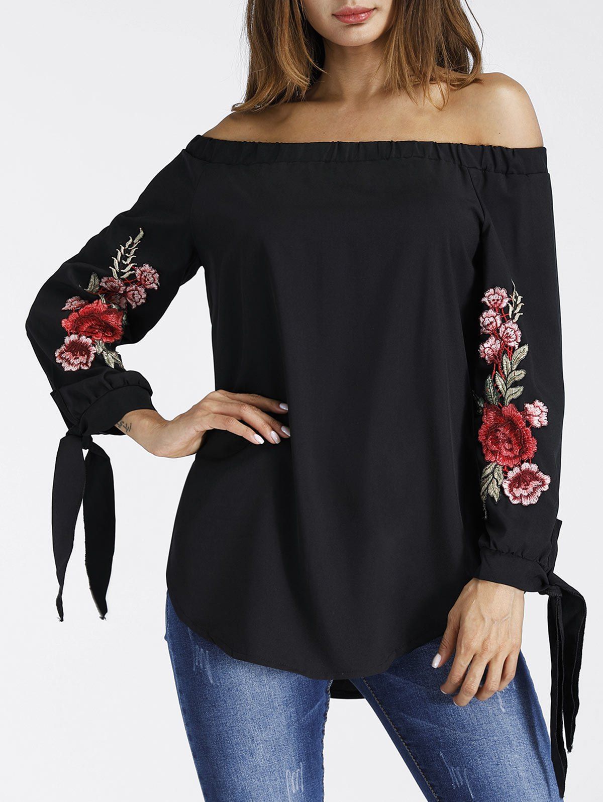 

Floral Embroidered Off The Shoulder Blouse, Black