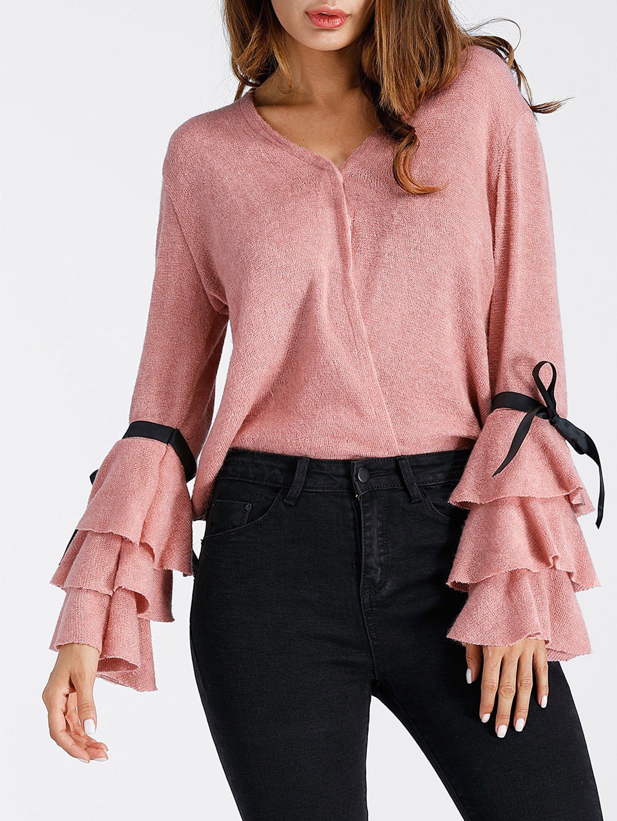 

V Neck Layered Bell Sleeve Sweater, Pink