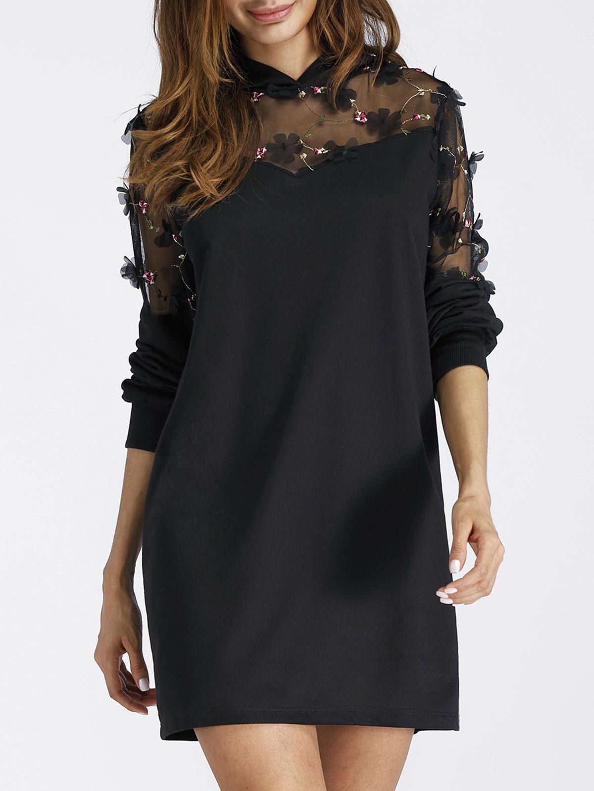 

Embroidered Sheer Lace Insert Mini Hoodie Dress, Black