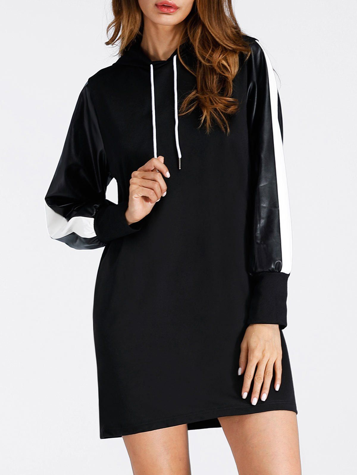 

Faux Leather Insert Drawstring Mini Hoodie Dress, Black