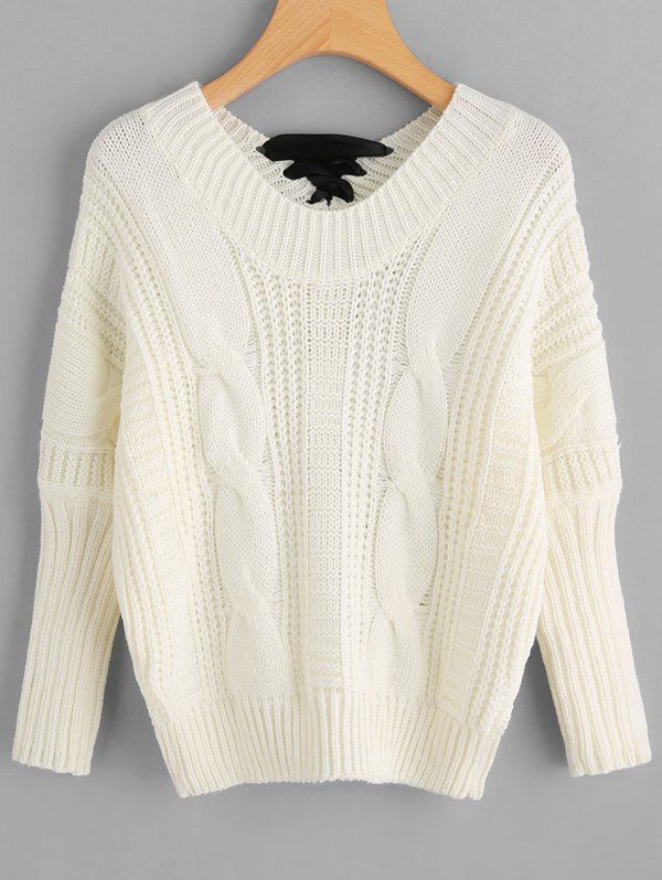 

Back Bowknot Embellished Cable Knit Sweater, Glitter creamy white
