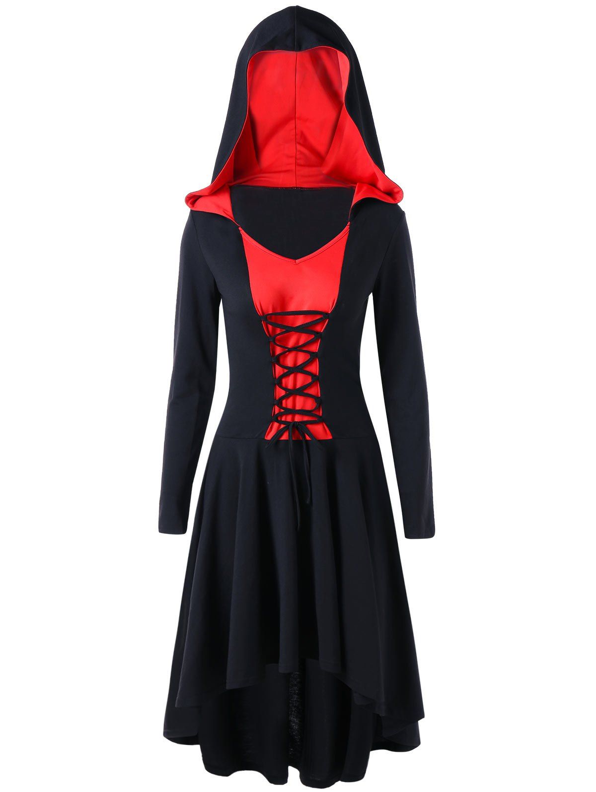 

Lace Up Two Tone Hooded Dress, Red