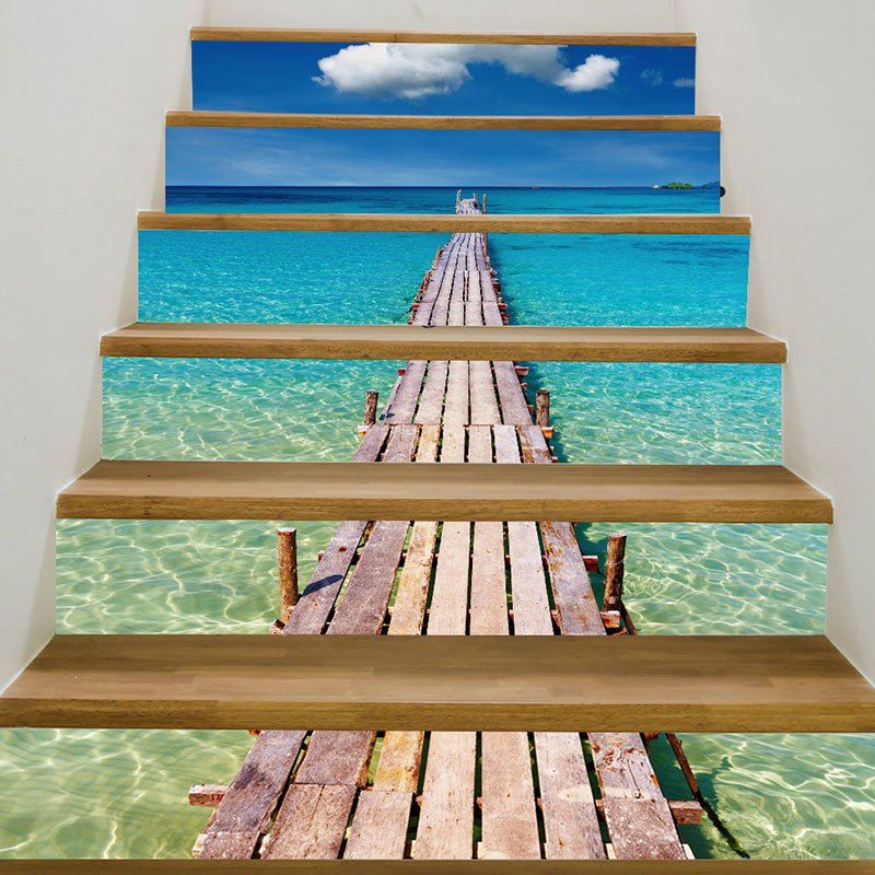 

Sea Plank Bridge Patterned 3D Stair Stickers, Blue and green
