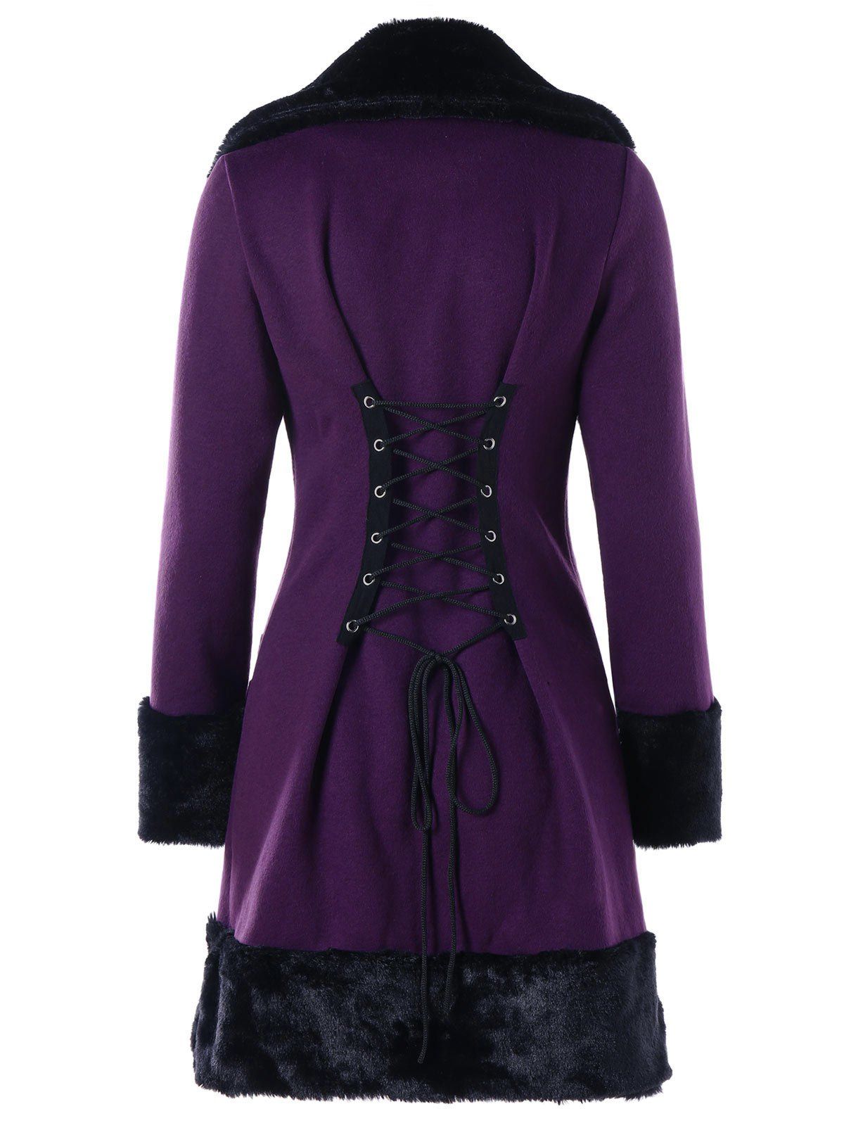

Faux Fur Panel Double Breasted Lace-up Coat, Purple