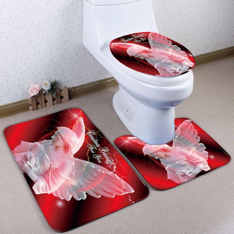 

Angel Statue Print Flannel 3Pcs Christmas Bath Toilet Rugs Set, Red