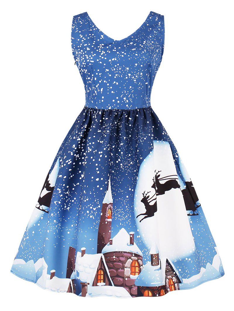 2019 christmas plus size snowflake house print swing dress