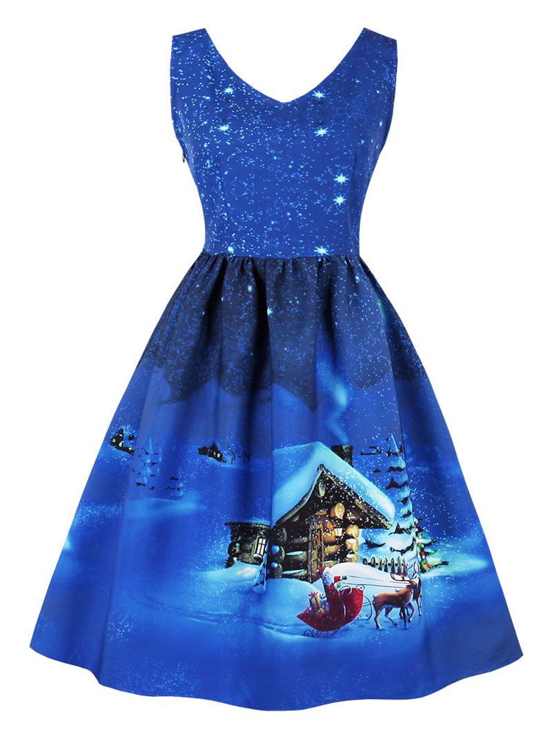 2019 plus size vintage snowflake print christmas flare dress