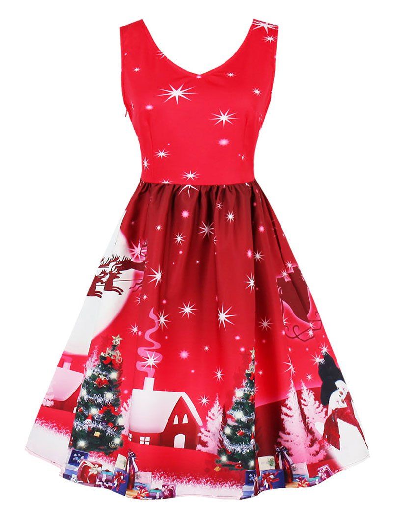 

Vintage Snowflake Tree Print Christmas Pin Up Dress, Red
