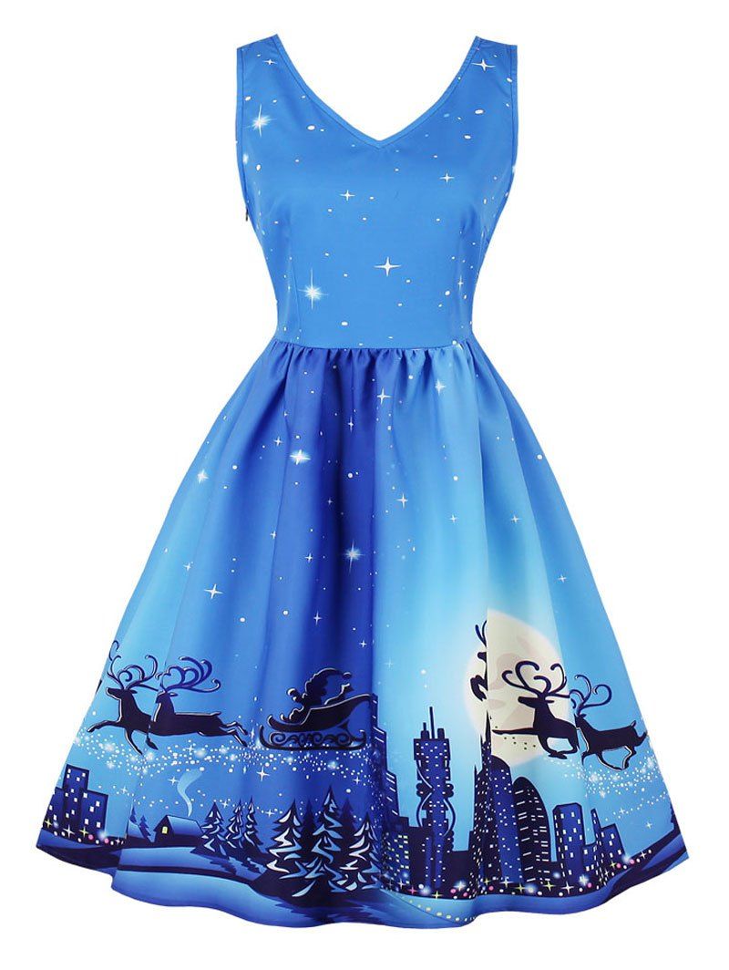 

Vintage Starry Sky Elk City Print Christmas Dress, Windsor blue