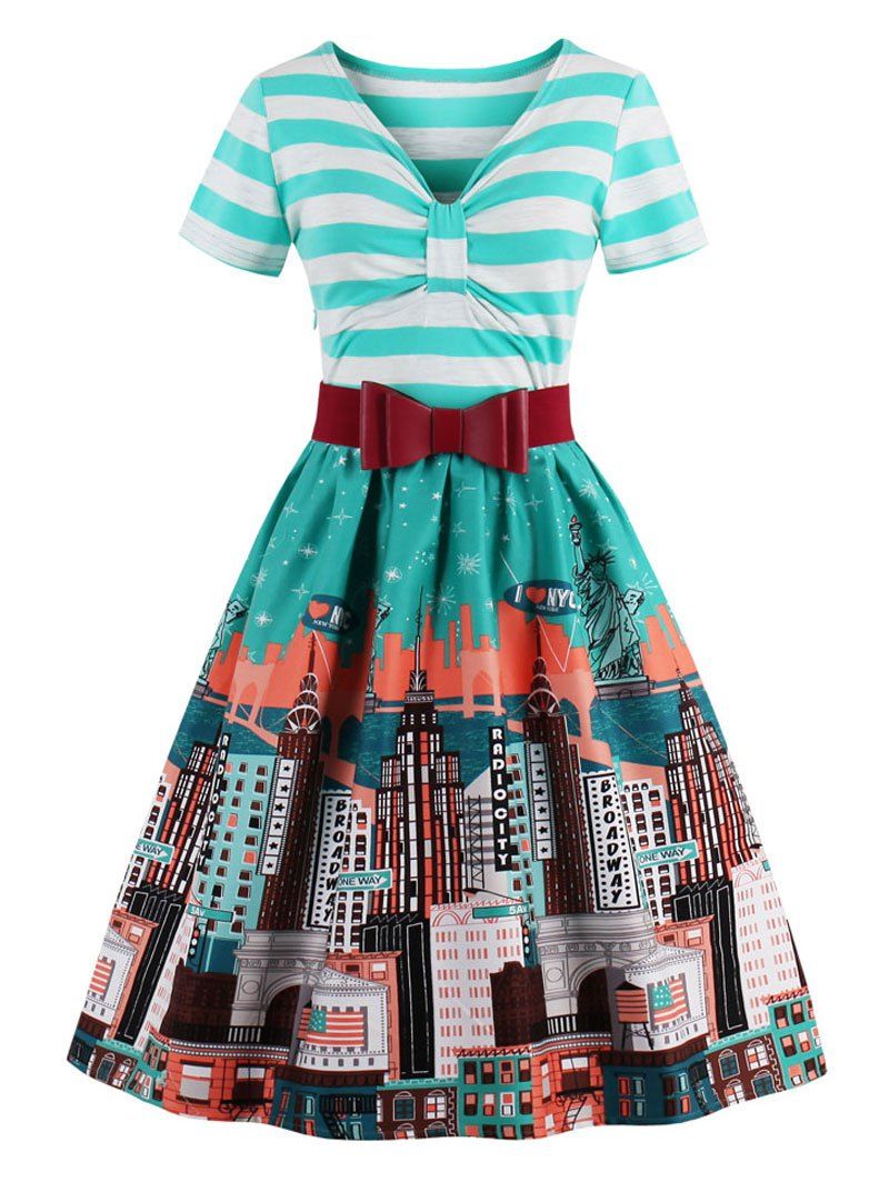 

Vintage Striped City Print Christmas Skater Dress, Stripe