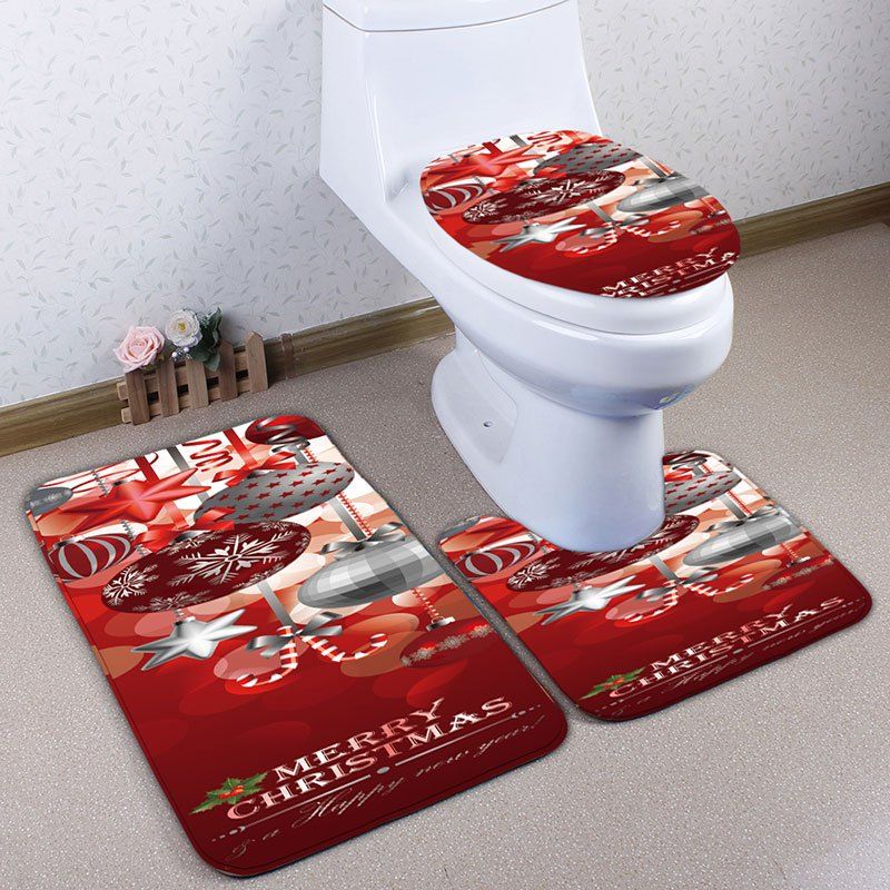 

3Pcs Christmas Balls Printed Flannel Bath Toilet Rugs Set, Red