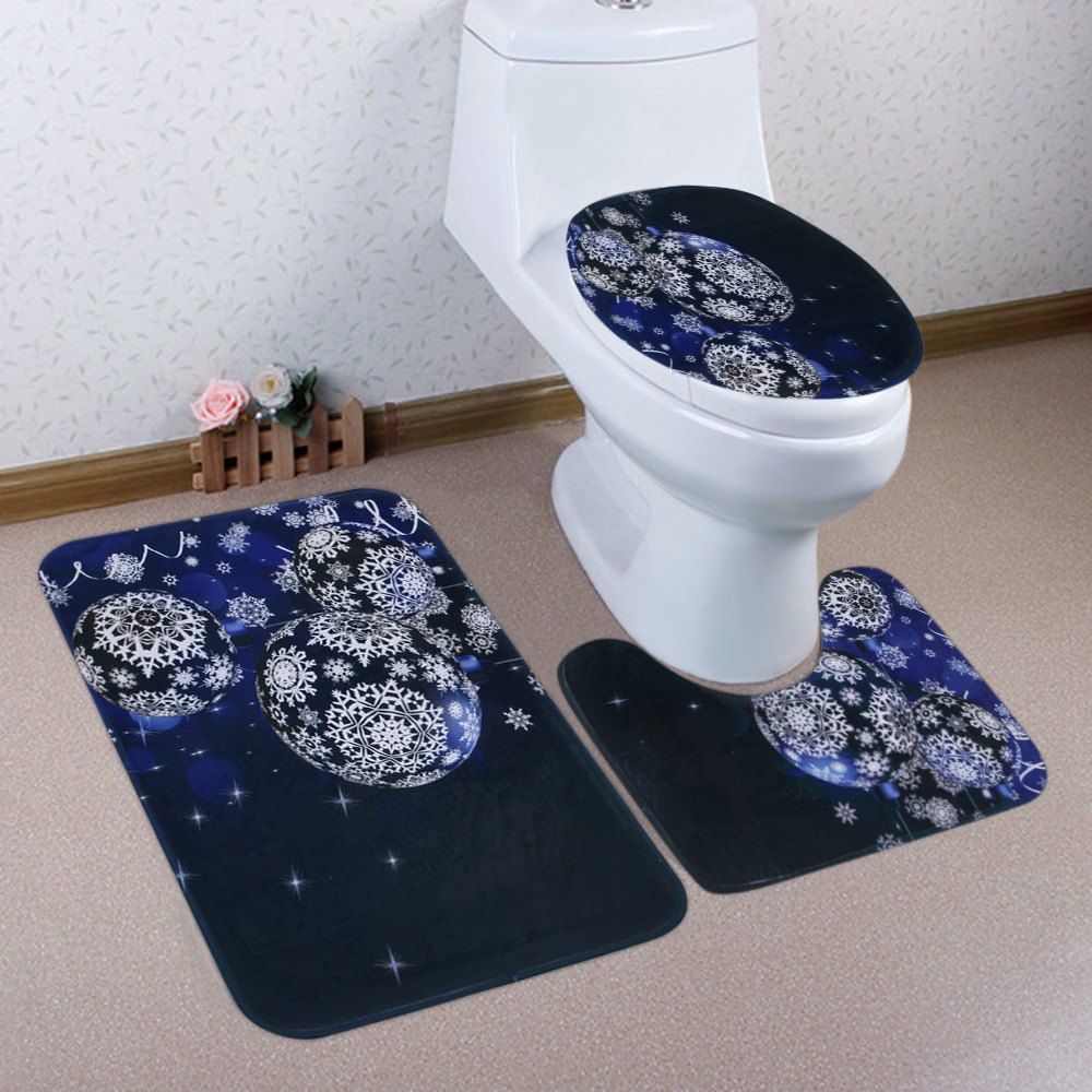 

Christmas Snowflake Baubles Pattern 3 Pcs Bath Mat Toilet Mat, Deep blue