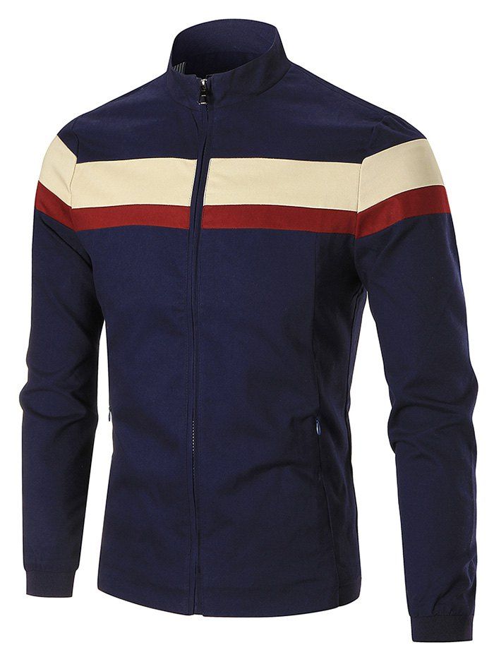 

Zip Up Wide Stripe Color Block Jacket, Blue