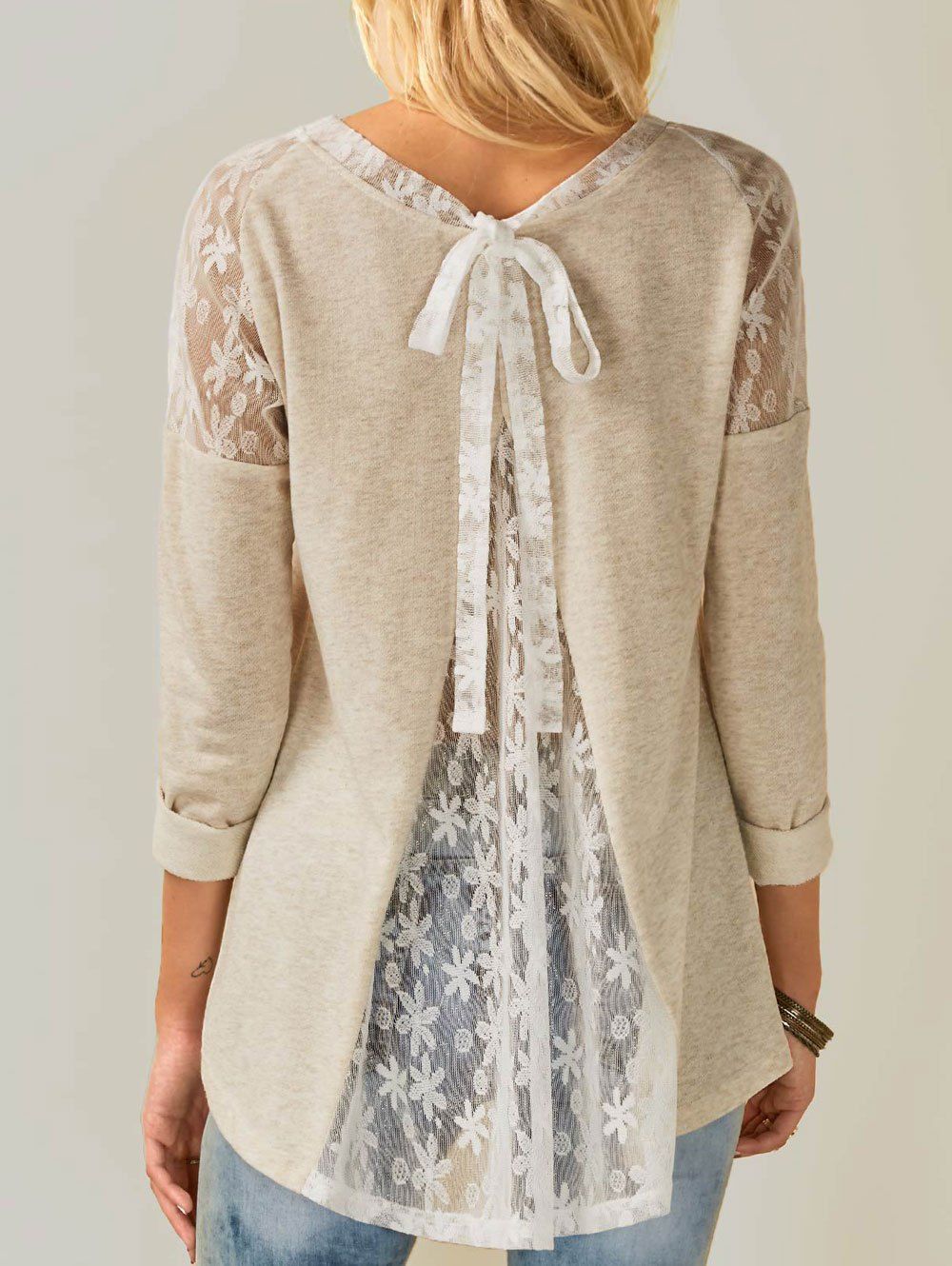 

Lace Insert Self Tie Blouse, Light khaki
