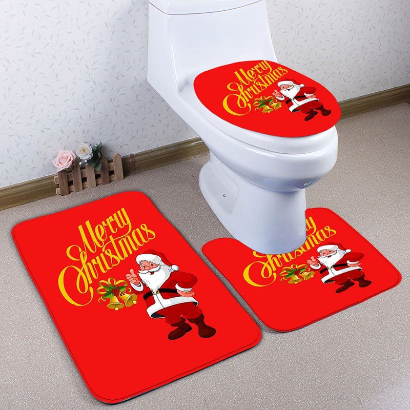 

Santa Claus Letter Print 3Pcs Christmas Flannel Bath Toilet Rugs Set, Red