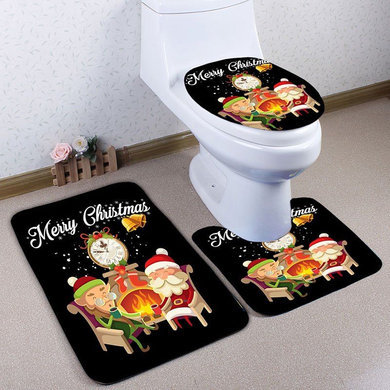 

3Pcs Flannel Christmas Printed Toilet Bath Mats Set, Black