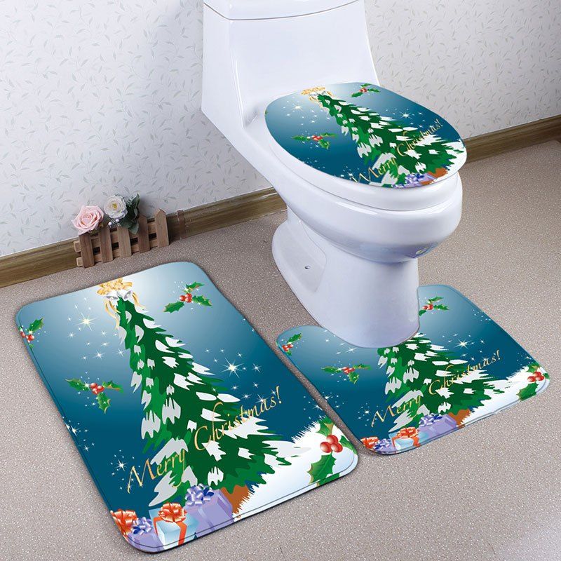 

3Pcs Christmas Tree Print Flannel Bath Toilet Rugs Set, Blue
