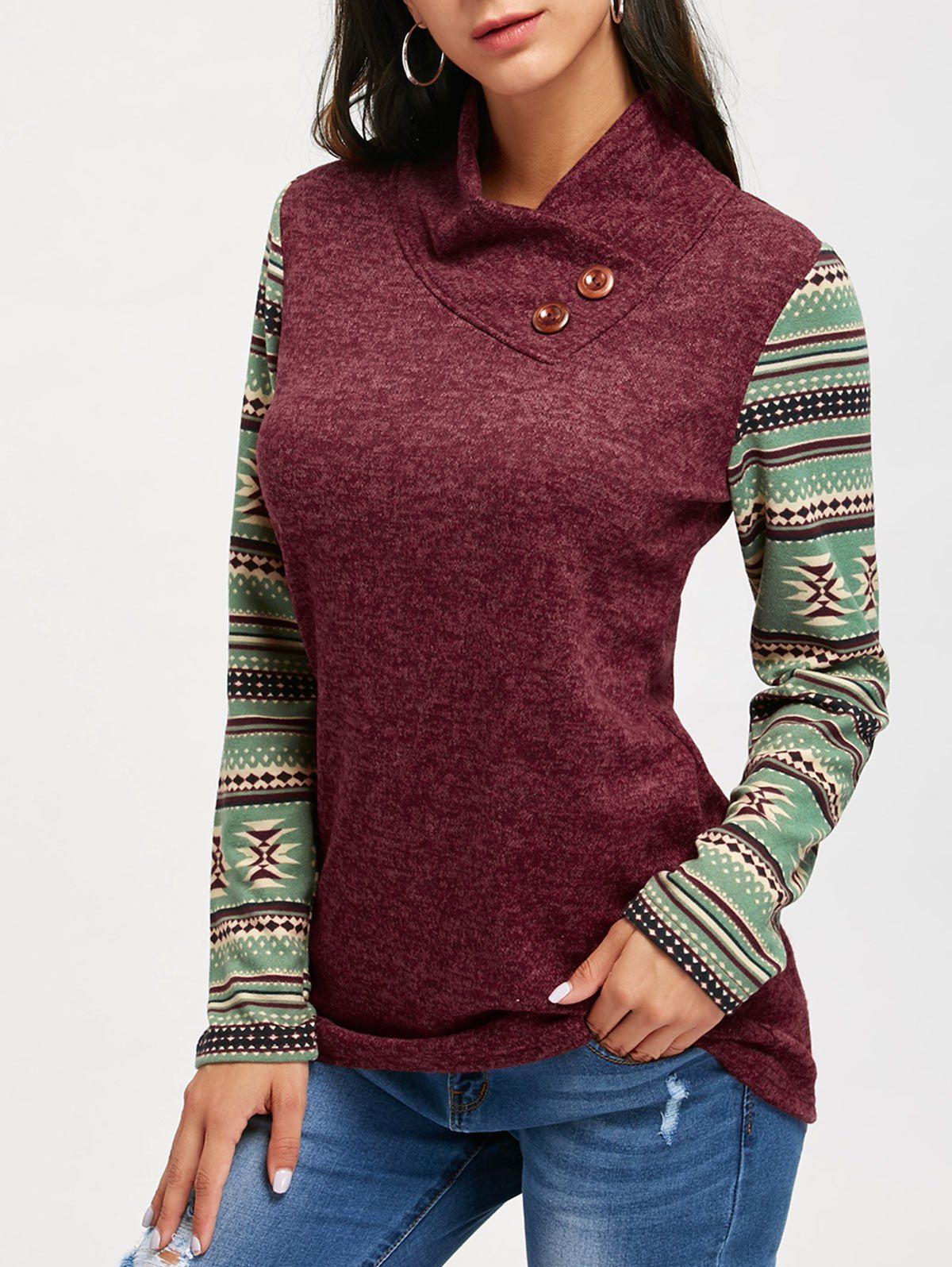 

Ethnic Print Long Sleeve Heap Collar Top, Claret