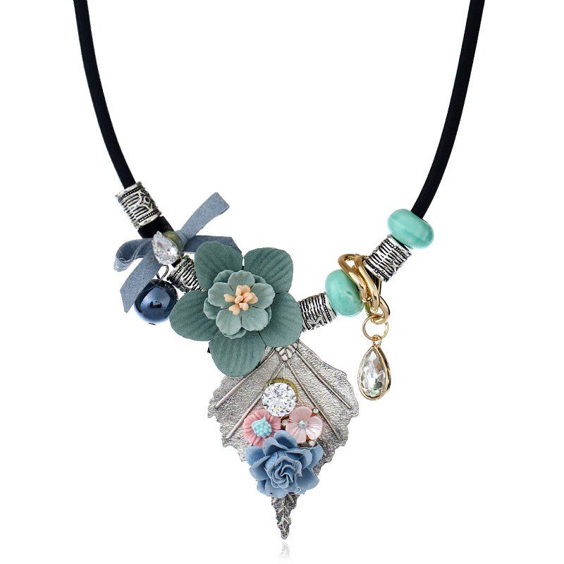

Ethnic Rhinestone Teardrop Flower Bead Necklace, Green