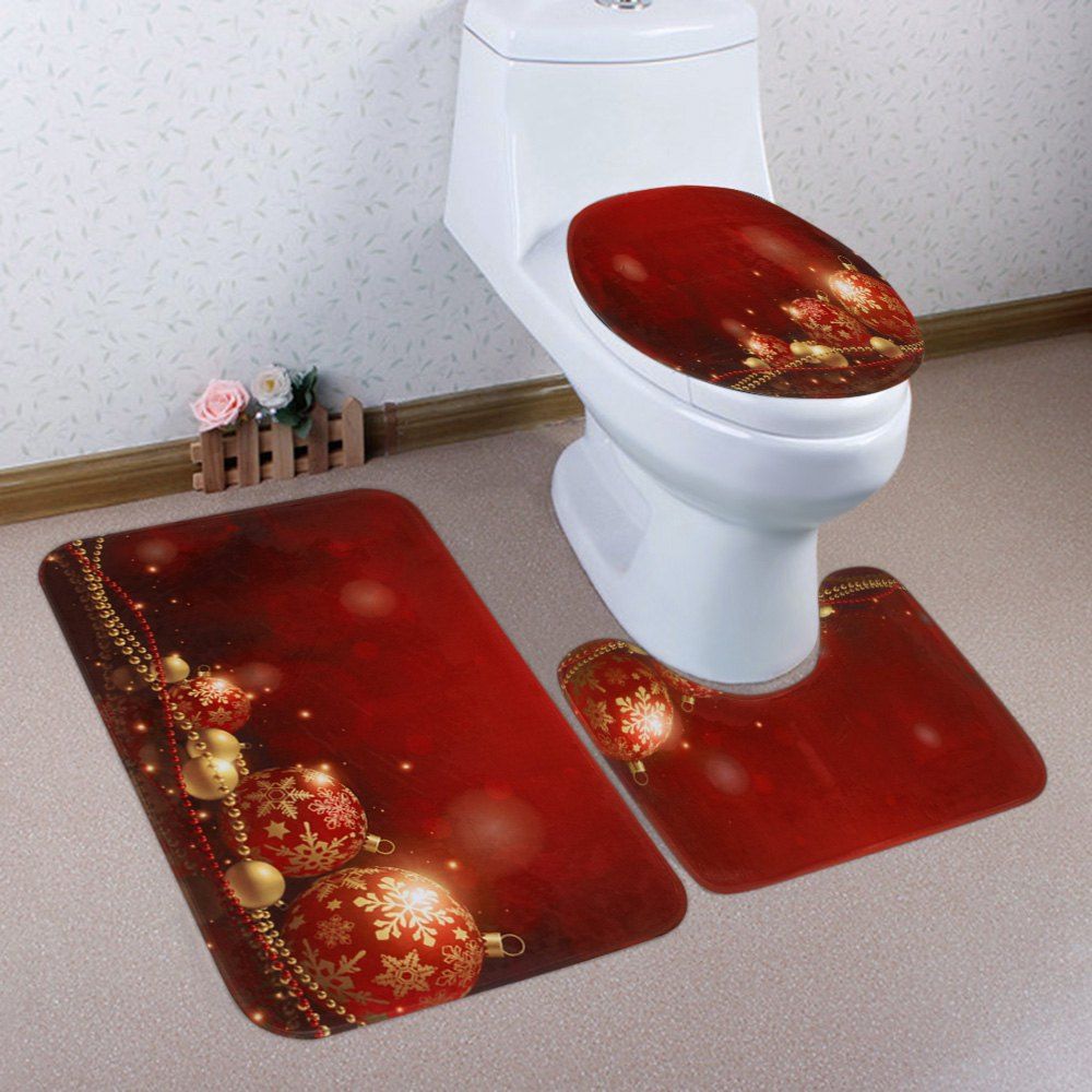 

Christmas Baubles Chain Pattern 3 Pcs Bath Mat Toilet Mat, Red