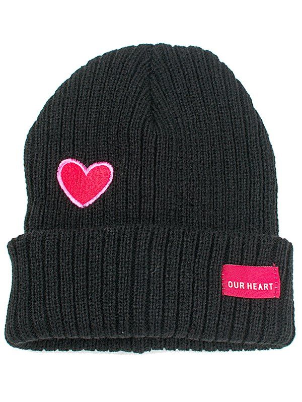 

Sweet Heart Embroidery Flanging Knitted Beanie, Black