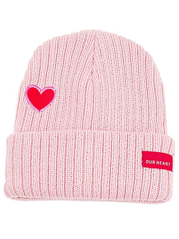 

Sweet Heart Embroidery Flanging Knitted Beanie, Pink