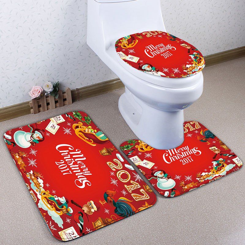 

Christmas Elements Print 3Pcs Flannel Bath Toilet Mats Set, Red