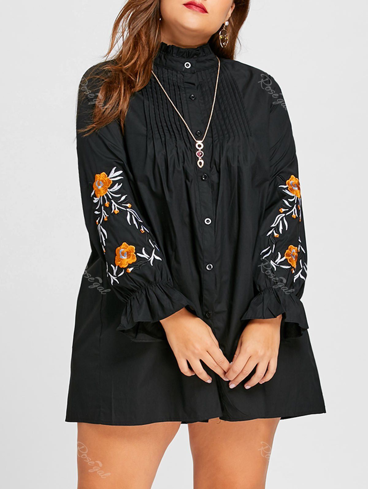 

Embroidery Plus Size Button Up Pleated Panel Shirt, Black