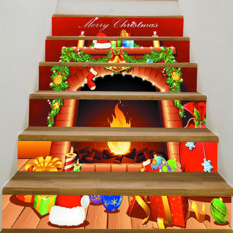 

Christmas Fireplace Patterned Stair Stickers, Red and orange
