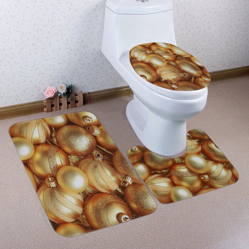 

Christmas Balls Pattern 3 Pcs Bath Mat Toilet Mat, Golden
