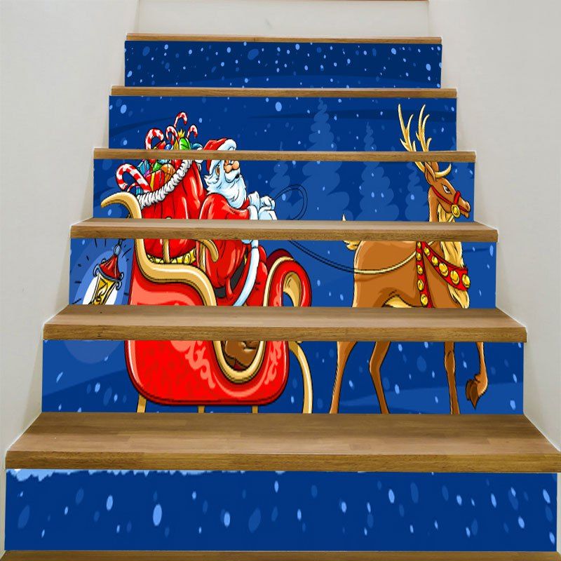 

Santa Clause Elk Sleigh Patterned Stair Stickers, Blue and red