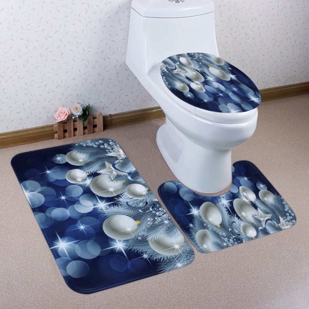 

Christmas Star Baubles Pattern 3 Pcs Bath Mat Toilet Mat, Blue