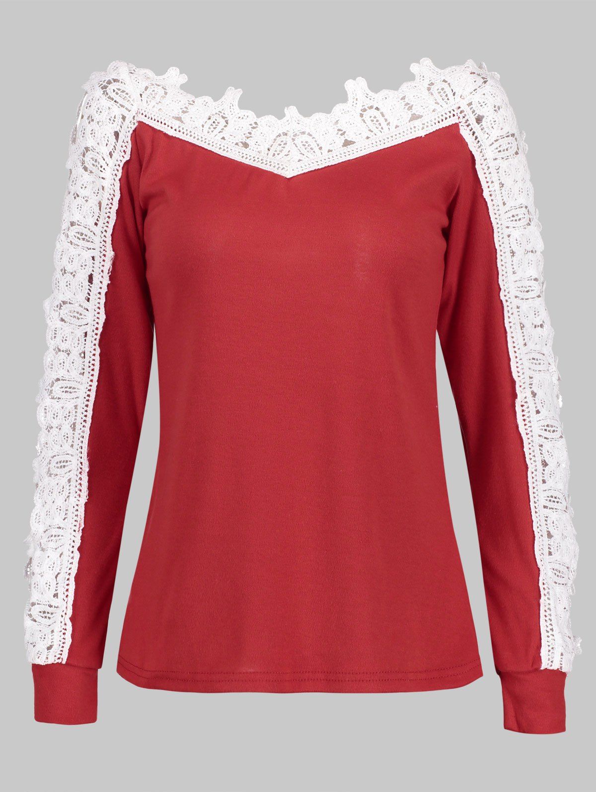 

Crochet Hollow Out Sleeve V-neck Blouse, Red