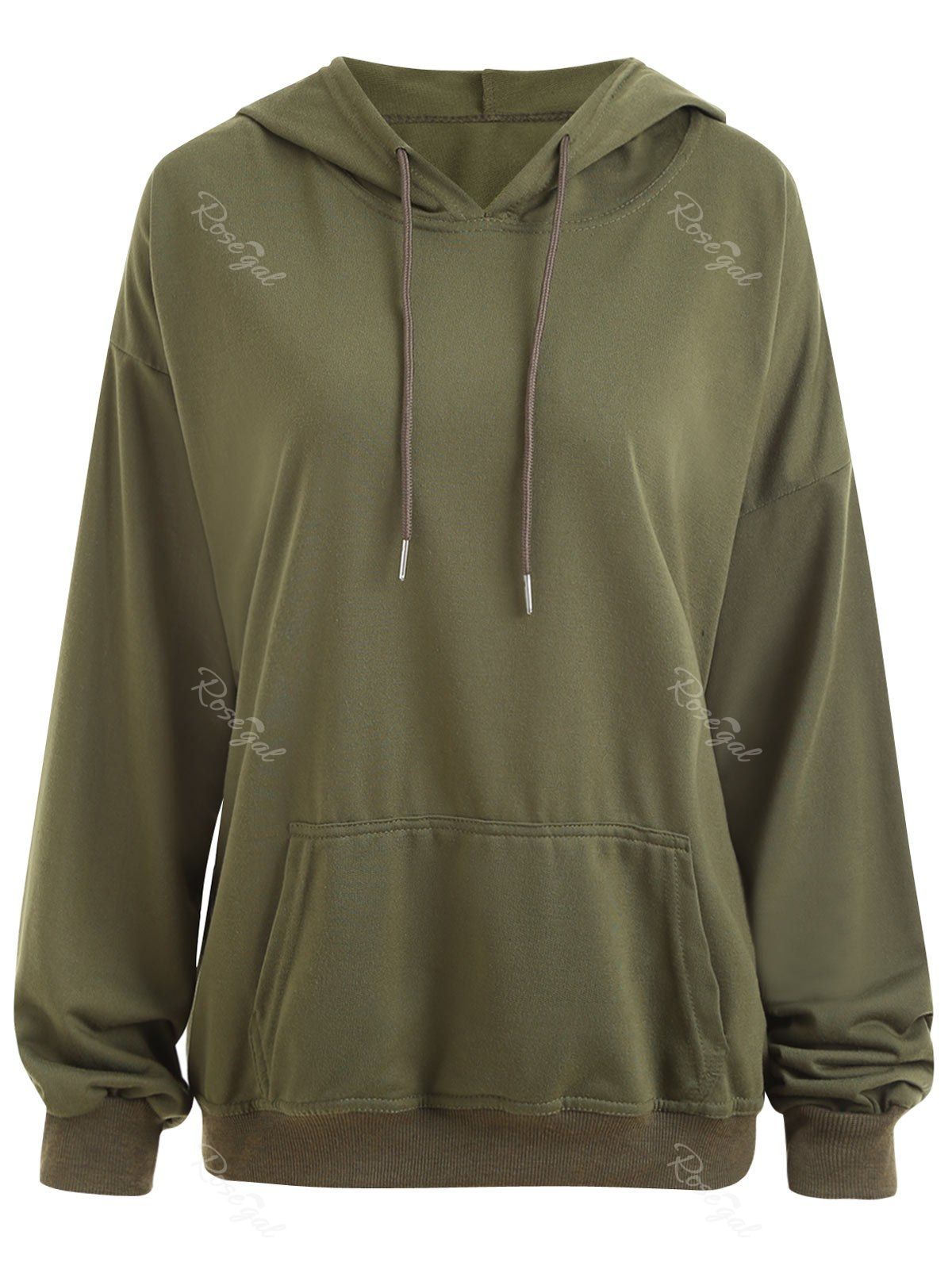 

Drop Shoulder Plus Size Plain Hoodie with Pocket, Army green