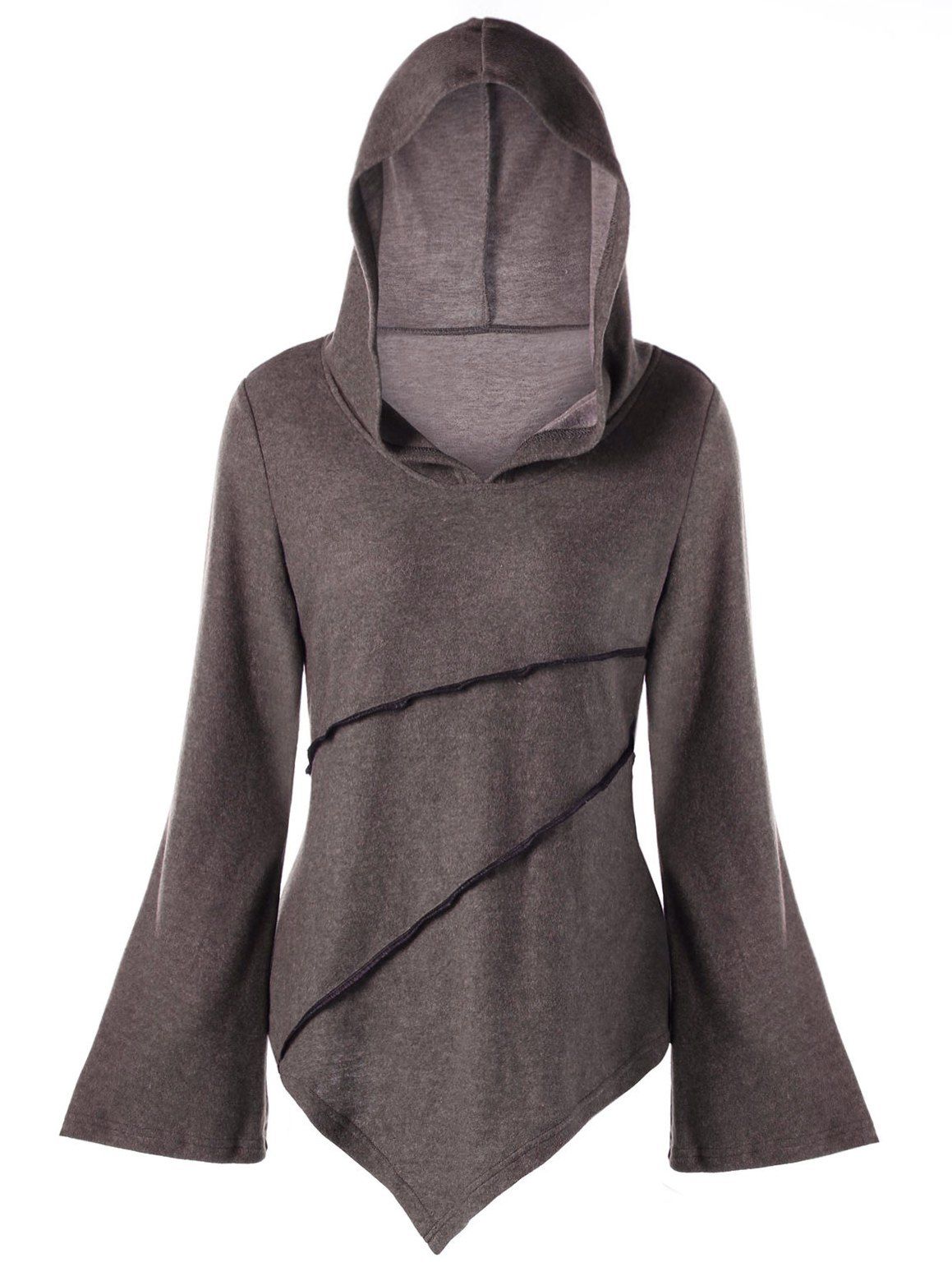 

Flare Sleeve Exposed Seam Asymmetric Hoodie, Coffee